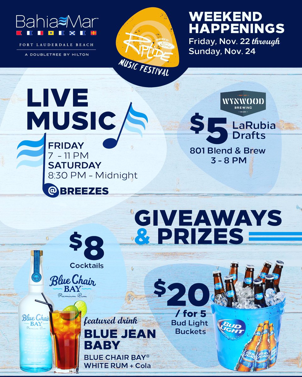 BahiaMarFTL's tweet photo. The Riptide Music Festival festivities are just getting started! Live music here at Bahia Mar starting at 7pm tonight! #bahiamarftlbeach #visitlauderdale #RiptideMusicFestival #livemusic #drinkspecials #soflo #livestayplay https://t.co/Q5qsroH7g0