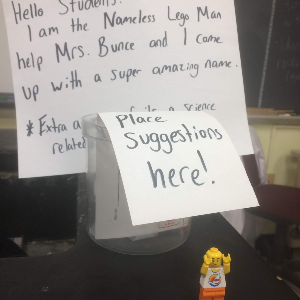 sbscientists's tweet photo. Meet the newest scientist of Room 122! I this lego man on and adopted him. Students and I decided to give him a name. Find out Monday what his future name will be! Comment your suggestions below. #millburn #TeamMillburnNJ #Buncescientists 
@millburnschools @MillburnMSPrin https://t.co/LPjRy78E0g