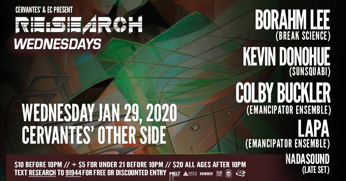 CervantesDenver's tweet image. JUST ANNOUNCED:
@ECpresents #ReSearchWednesdays ft 
@borahmkeys (@breakscience), #KevinDonohue (@SunSquabi) &amp;amp; #ColbyBuckler (@emanc) with @thisislapa (@emanc) and @NADASOUND (Late Set) on Wed, January 29th.
Tickets: lee-donohue-buckler.eventbrite.com
Supported by @303MHSM &amp;amp; @PartyGuruUS