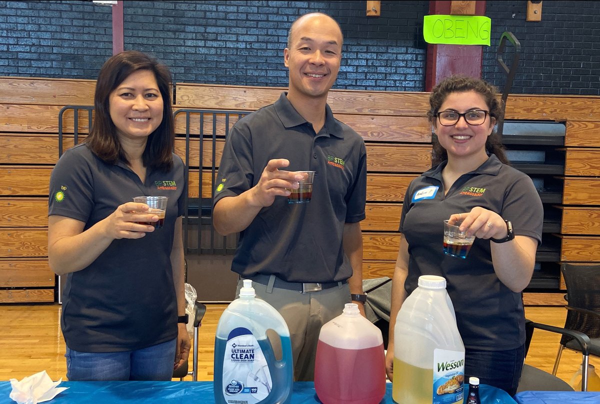 bp_America's tweet photo. How do you build a 🌈 in a cup? BP employees volunteered at this year's Education Rainbow Challenge in #Houston, where they taught students about the density of different liquids. #BPSTEM https://t.co/8XG6HWJbqZ