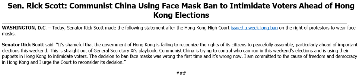 SenRickScott's tweet photo. Shameful that the #HongKong Gov is failing to recognize the rights of its citizens to peacefully assemble, particularly ahead of important elections this weekend. 

The decision to ban face masks was wrong the first time &amp; it’s wrong now. #StandWithHongKong 

My statement ⬇️: https://t.co/w0qEEq8IYS