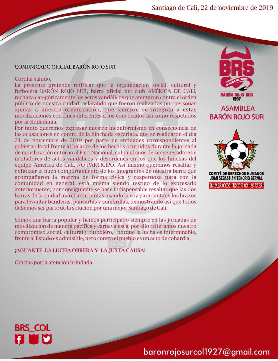 BRS_COL's tweet photo. Comunicado oficial a la organización Barón Rojo Sur sobre las declaraciones del general William Ruiz de @PoliciaCali https://t.co/hH73xoC6KO