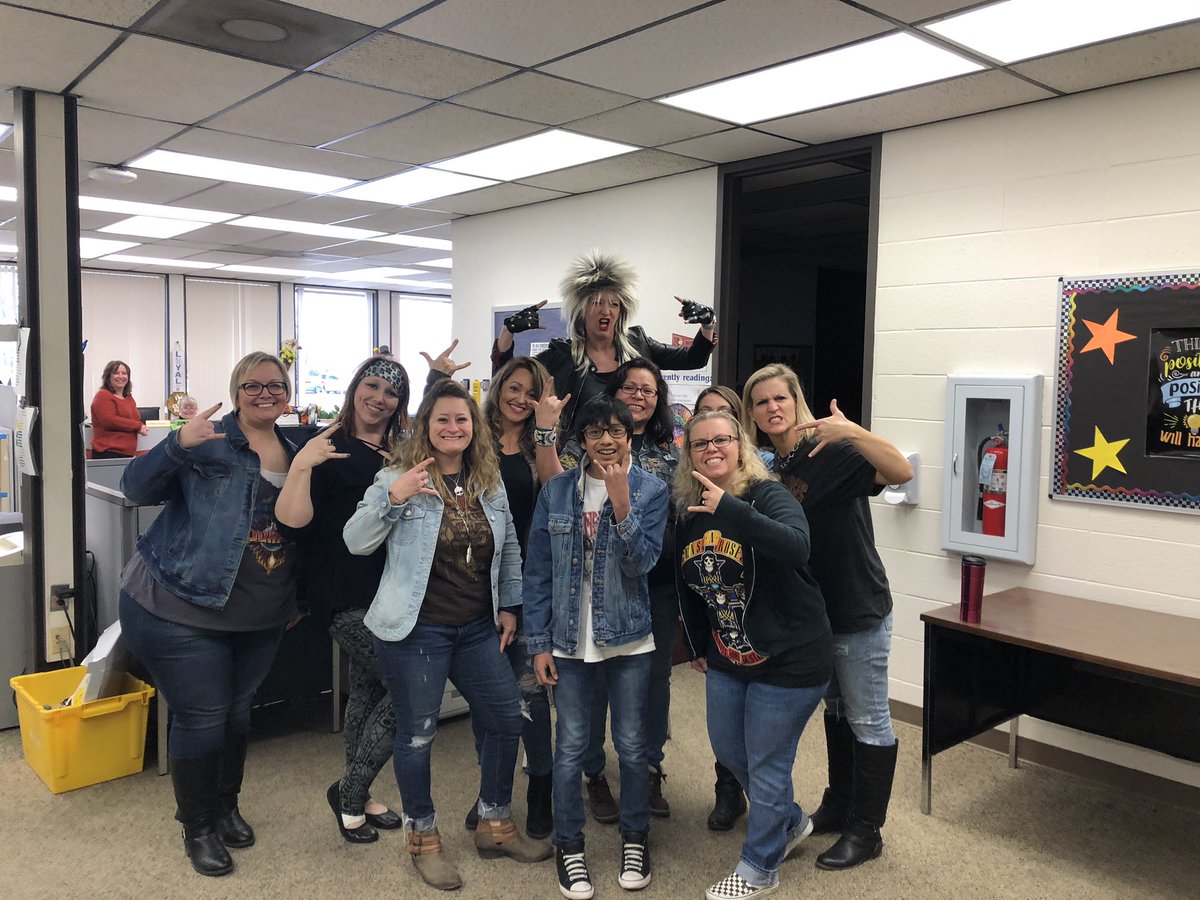 Grimmer_Glads's tweet photo. GMS staff enjoying Metal/80’s Hair Band Day. https://t.co/IRf3kdiUjB