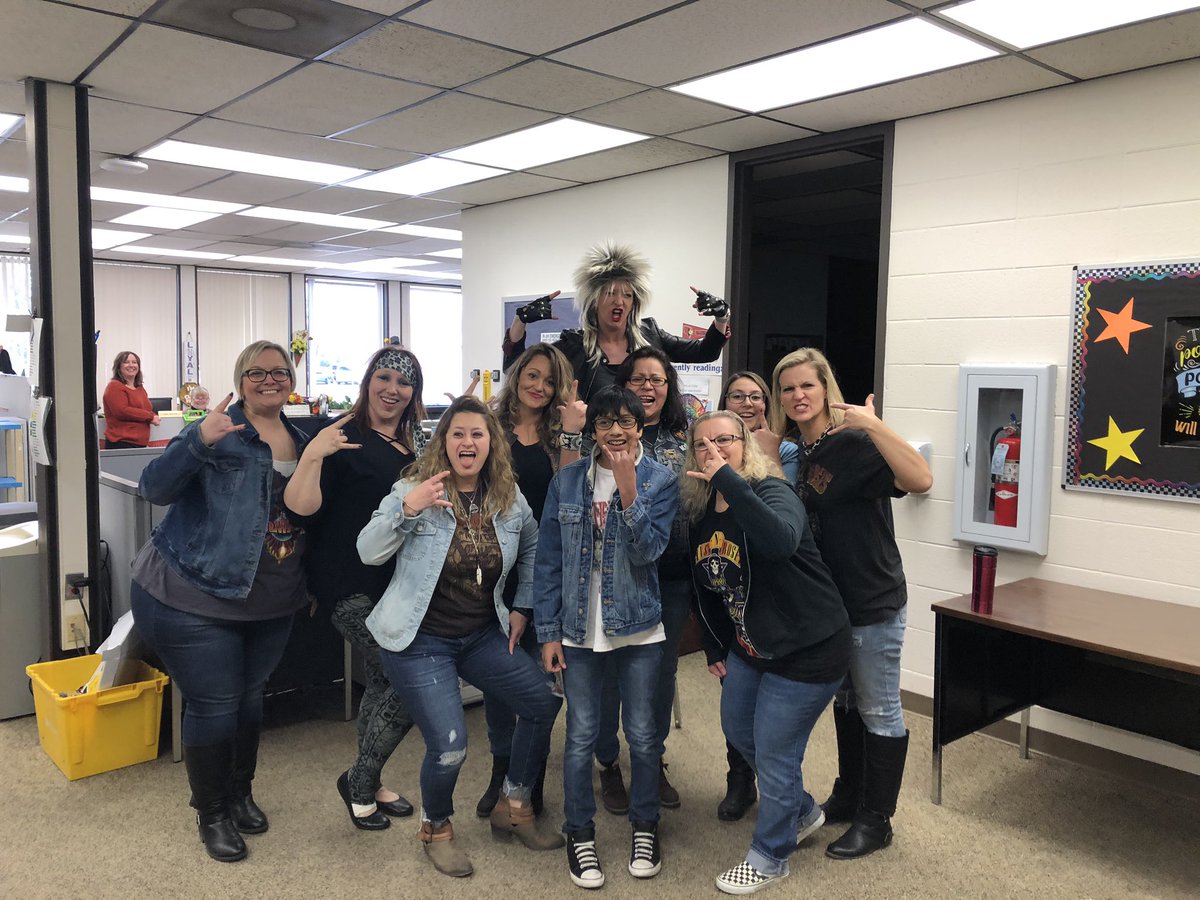 Grimmer_Glads's tweet photo. GMS staff enjoying Metal/80’s Hair Band Day. https://t.co/IRf3kdiUjB