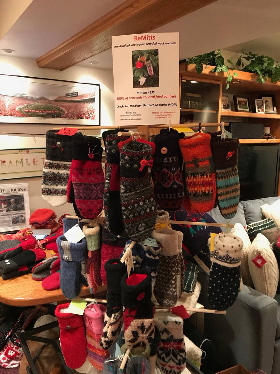 jfulwiler1's tweet photo. Remitts donates 100% of their sales to MOM food pantry from the MOM Holiday art fair,  12/7 &amp; 12/8, 3502 Parmenter st.   They upcycle wool sweaters and sew beautiful warm mittens and now pillows too! https://t.co/LxW9wYjuX6