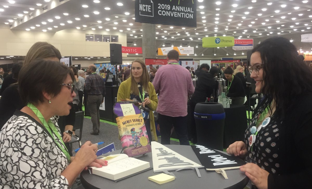 CalhounKearstin's tweet photo. As if today couldn’t get any better, first in line to meet @Meg_Medina  and get a copy of #BurnBabyBurn SIGNED! #NCTE2019 #NCTE #SpiritedInquiry @BloomsburgU @BloomNCTE https://t.co/IX8YgP5xCI
