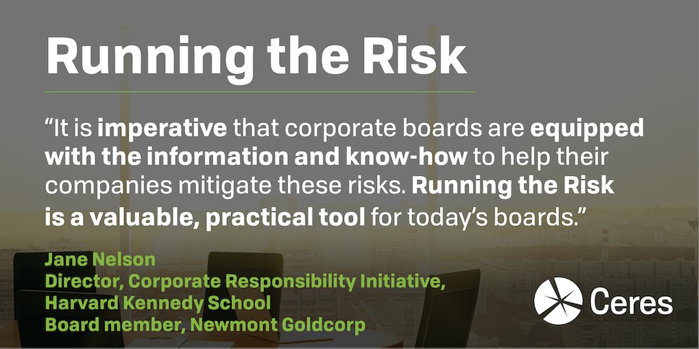 CeresNews's tweet photo. Ceres new report #RunningTheRisk identifies how corporate boards can oversee #ESG risks to avoid financial losses, investor pressure & litigation as global #climate & water crises continue to disrupt the market. #CorpGov
https://t.co/hnwbJbcxIB https://t.co/RuiOhqLuN0