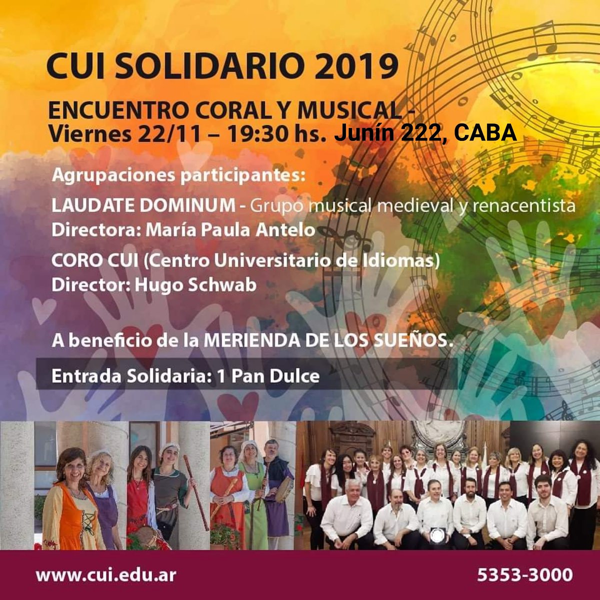 ❤HOY 22/11 a 19.30hs los esperamos en Junin 222 <a href="/CUI_oficial/">CUI oficial</a> en ntro #EncuentroCoralYMusical #CuiSolidario2019 a beneficio de la #MeriendaDeLosSueños!
➡️Entrada Solidaria: UN PAN DULCE
❤Participarán
▪︎<a href="/COROCUI/">CORO CUI</a>
▪︎Laudate Dominus 
❤LOS ESPERAMOS!!! RT
#MusicaYSolidaridad