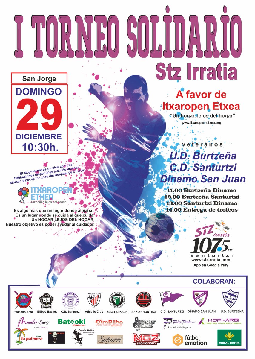 StzGrupo's tweet photo. Ya está aqui el cartel del I Torneo Solidario Stz Irratia, a favor de Itxaropen Etxea.
Encontrarás muchos sorteos y sorpresas durante el evento.
TE ESPERAMOS el día 29 de Diciembre desde las 10:30h. https://t.co/x0TCZPvvmh