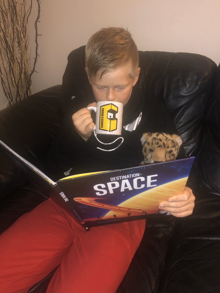 Sandoasis's tweet photo. @GooseacrePri Liam with his Hot Chocolate and Bed Time Book - Never stops reading this kid 😀 https://t.co/4OjuS0zkEI