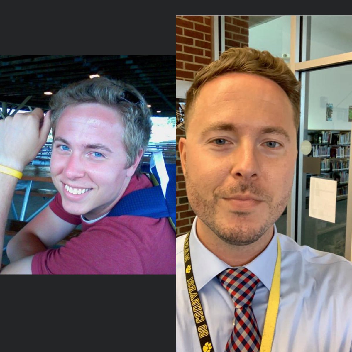 mr_reimerESOL's tweet photo. Decades Challenge: 2009 vs. 2019! From junior year of college, to my fifth year of teaching! #glowup #ilooklikemydad https://t.co/p9T2iYazQz
