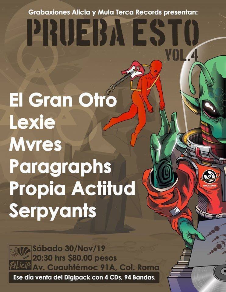 multiforoalicio's tweet photo. Grabaxiones Alicia y Mula Terca
Presentan
Prueba Esto Vol. 4
El Gran Otro
Lexie
Mvres
Paragraghs
Propia Actitud
Serpyants
Sábado 30 de noviembre de 2019, 20:30 Hrs. $80.00 https://t.co/frDRS3iq95