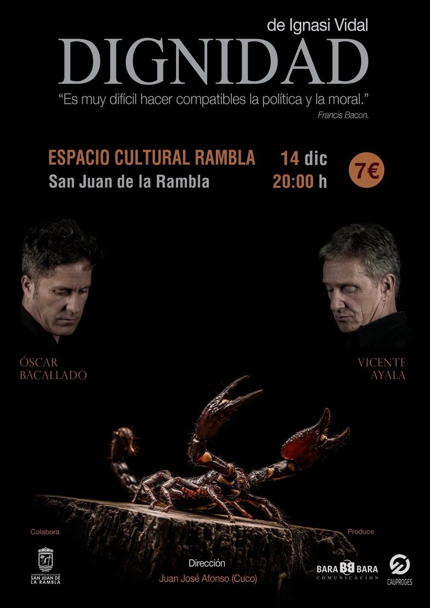 Estreno de la obra de teatro 𝗗𝗜𝗚𝗡𝗜𝗗𝗔𝗗, 14 dic en el 𝗘𝗦𝗣𝗔𝗖𝗜𝗢 𝗖𝗨𝗟𝗧𝗨𝗥𝗔𝗟 𝗥𝗔𝗠𝗕𝗟𝗔 en San Juan de la Rambla, 20:00 h.
🎟 Entradas a la venta en la oficina de Cultura, oficina de San Juan (de lunes a viernes en horario de 9:00 a 13:00h) y en Taquilla.