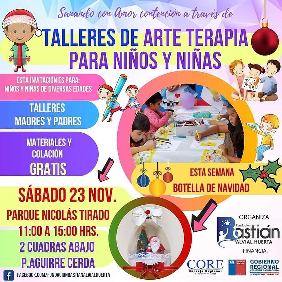 Vive_Antofa's tweet photo. [#ArteTerapia] Este sábado 23 de 11:00 a 15:00, talleres GRATUITOS  para niños, solo deben llegar a la fundación Bastián Alvial Huerta ubicada en Parque Nicolás Tirado altura #150 🌟  "CONFECCIÒN BOTELLA DE NAVIDAD"🎈
*Incluye materiales y colación 
@bastianalvialh 
#Antofagasta https://t.co/yLgoNoazdk
