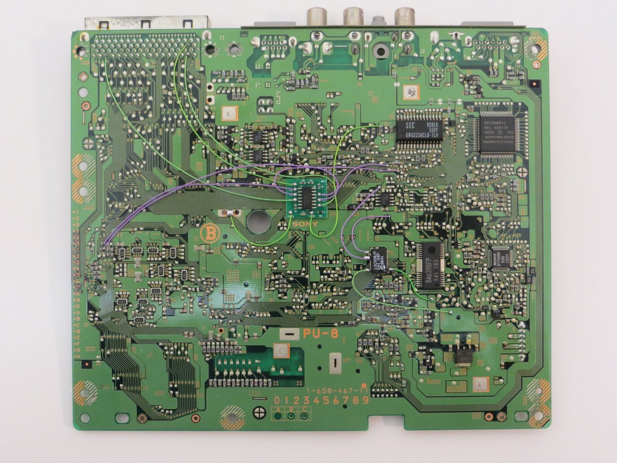 ConsoleMods's tweet photo. SCPH-1002 PU-8 #PlayStation #PSIO switchboard install &amp; modchip rewire. Why do 90% of modchip installs from the 90's look like utter garbage? Brittle solder, pad hanging on by a thread, tape, plus three missing board screws. #ConsoleMods #ConsoleModding ##PS1O #PS1 #CybdynSystems https://t.co/aeiEfXnJQ2