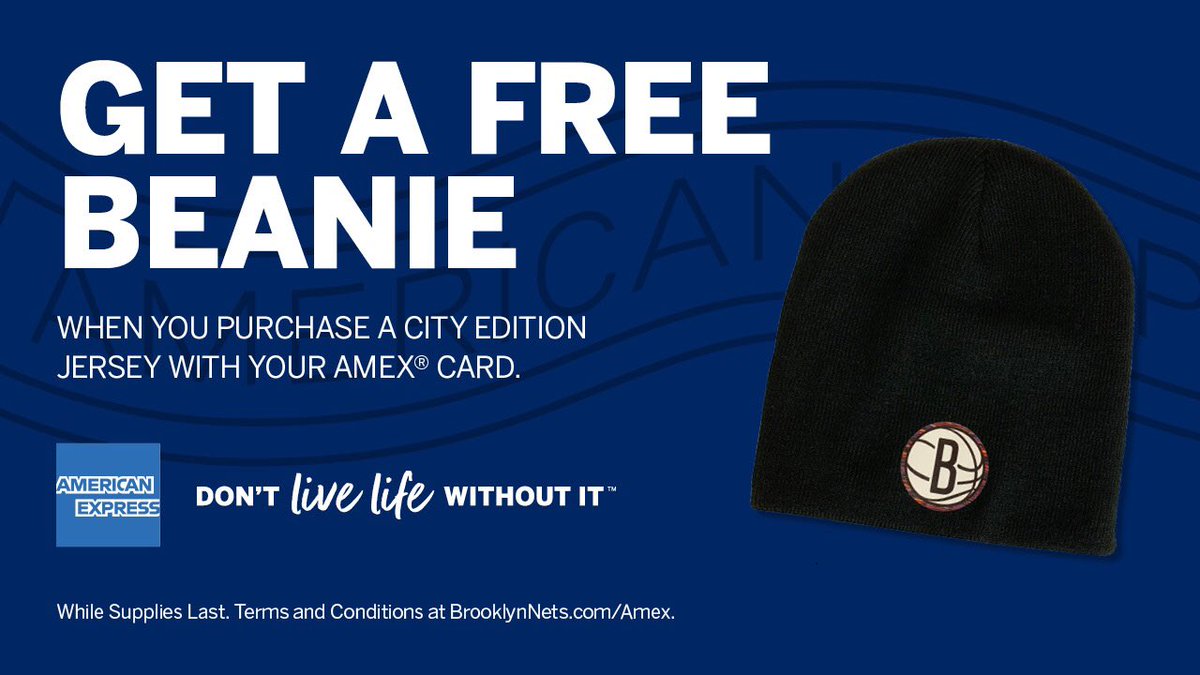 Get a free City Edition beanie when you use your @AmericanExpress Card to purchase the City Edition Jersey at the Team Store.
Terms and Conditions β‘οΈ http://BrooklynNets.com/AmexΒ