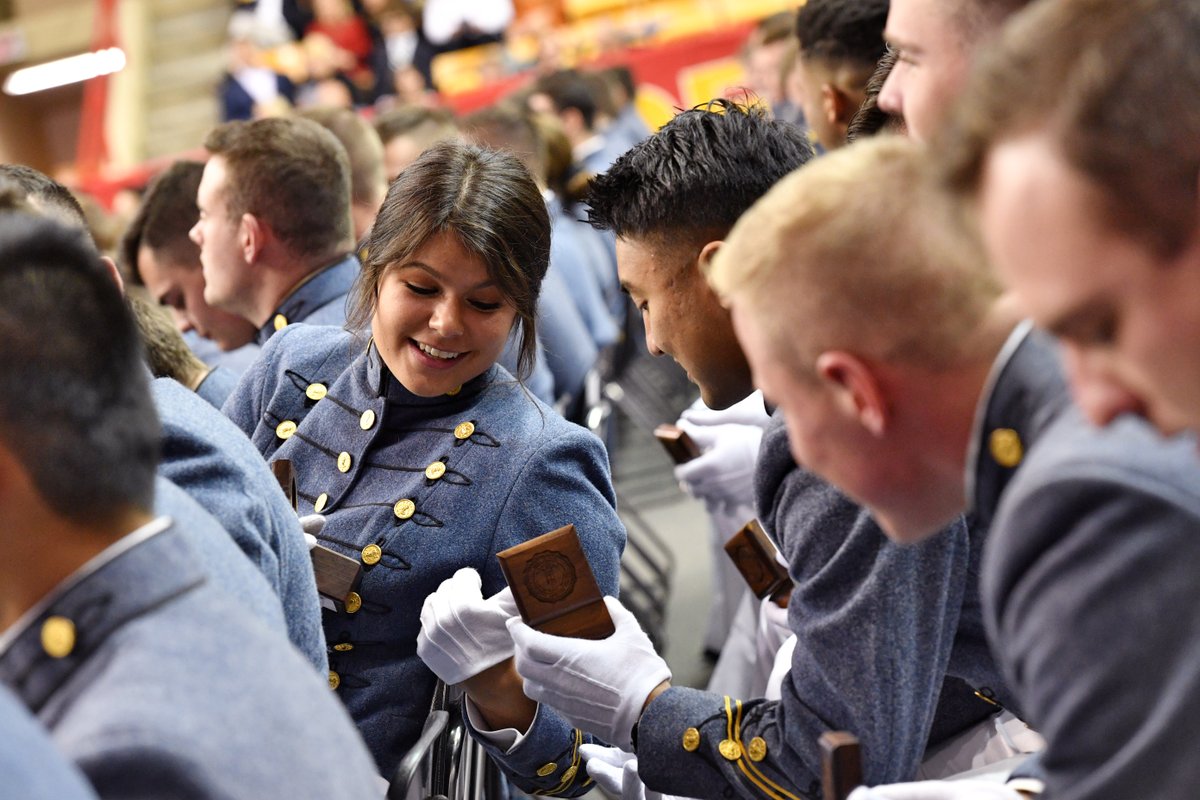 VMI1839's tweet photo. Members of the Class of 2021 receive their rings during a ceremony today in Cameron Hall, representing one of the biggest milestones in a cadet’s time at VMI. Ring Figure celebrations will continue tonight with a dance in Marshall Hall. #rahvamil #ringfigure https://t.co/dpICtXAOWR