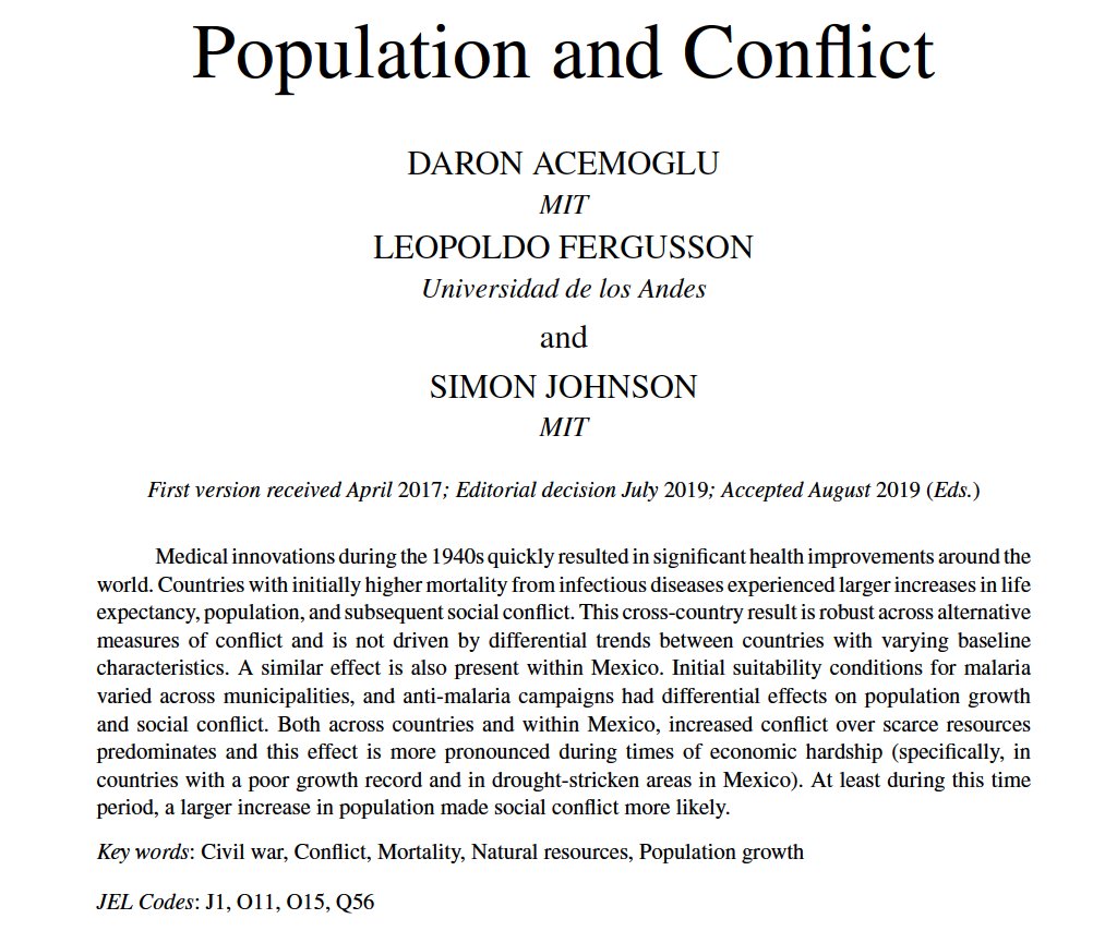 I am thrilled to share our work on  #population growth and  #conflict with  @NarrowCorridor ( @DrDaronAcemoglu) and  @baselinescene. It is forthcoming at  @RevEconStud!Here: a piece at  @vox_dev, the abstract, and a thread with main messages.  #EconTwitter  #AcademicTwitter 1/9  https://twitter.com/vox_dev/status/1197841787374620672