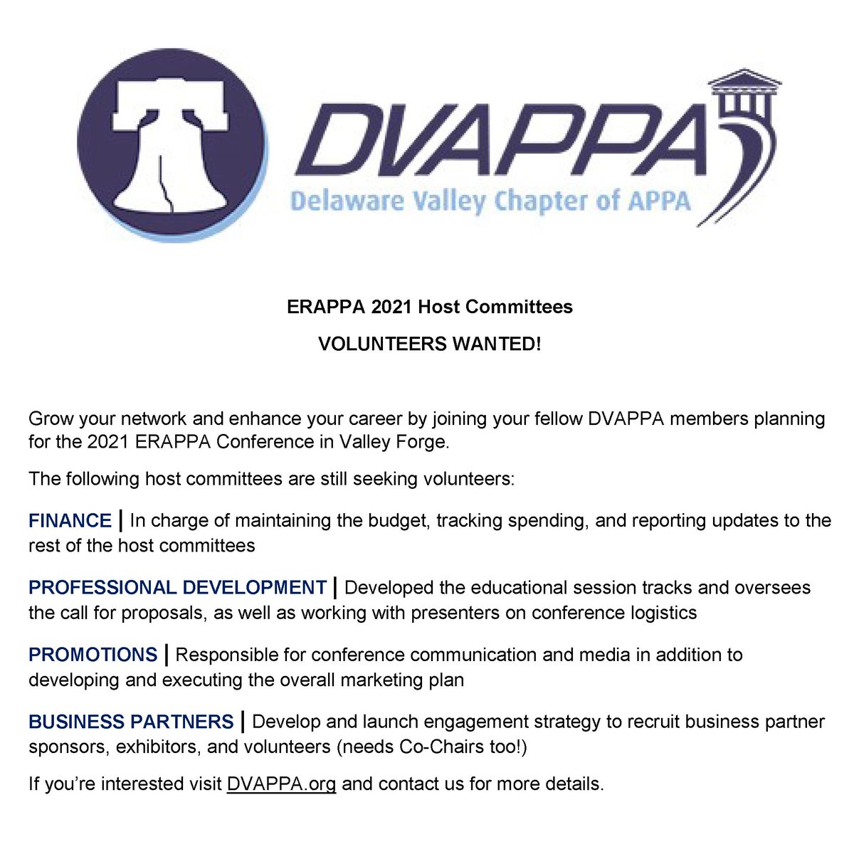 DV_APPA's tweet photo. Calling all #DVAPPA members - are you looking to grow your network by working with your fellow members to plan and support the 2021 @ERAPPAnews Conference in Valley Forge? These committees are still looking for volunteers! #FacilitiesMgmt #ERAPPA #APPA #highered https://t.co/NcsKNciZ0G