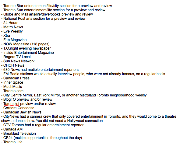 Let’s say you had a live show/artist to publicize in 2009 in Toronto. Not including CBC, you could pitch and most likely have a story in the following, without an ad buy: