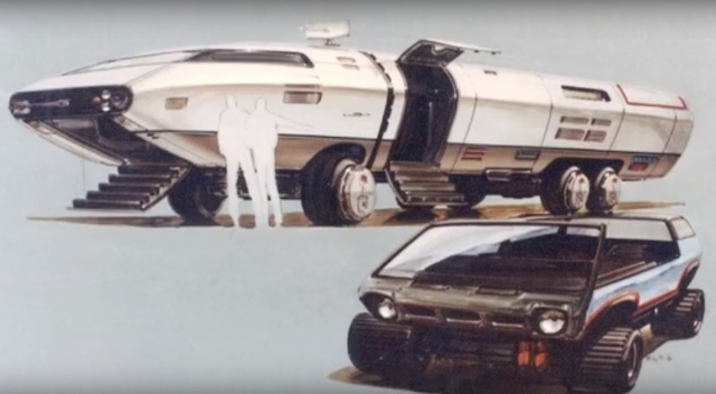 Science fiction has a history of land vehicles that echo the Cybertruck form directly and in mood. Here's some concept art and images from the Ark II TV series (1976), the smaller vehicle was called the "roamer."