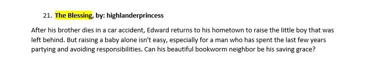 Out Of The Mouths Of Babes, by: Edward's Eternal  https://www.fanfiction.net/s/8289446/1/Out-of-the-Mouths-of-BabesThe Blessing, by: highlanderprincess  https://www.fanfiction.net/s/12449456/1/The-BlessingParachute, by: KitsuShel http://parachuteff.blogspot.com/ This Is Who I Am, by: pattyrose https://www.fanfiction.net/s/5980177/1/This-Is-Who-I-Am