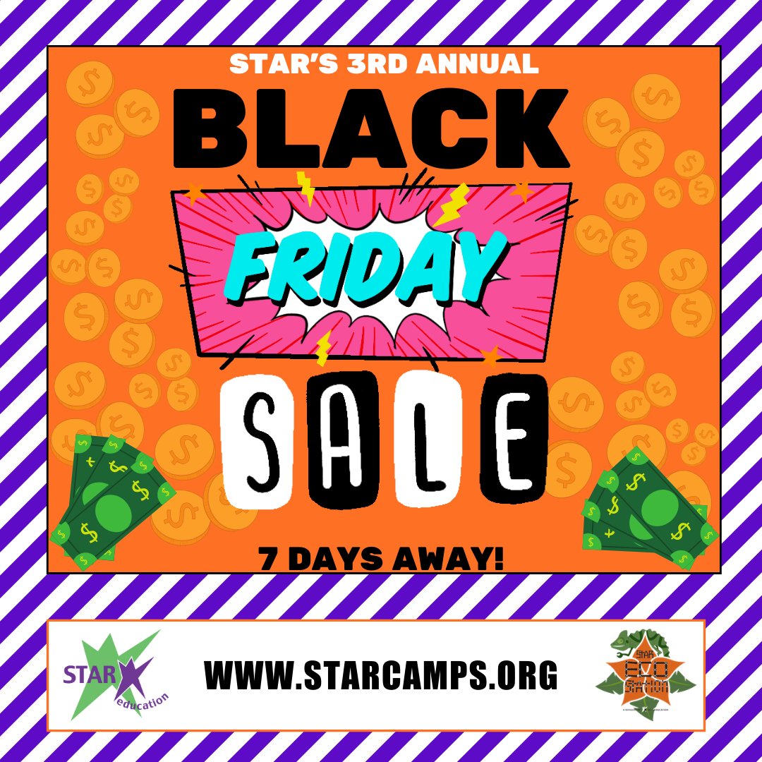 STAReducation's tweet photo. STAR's 3rd annual Summer Camp Black Friday sale is only 7 days away!  Get ready to save BIG on exciting new camps like Dance, Camera, Action &amp; Engineering: Build a STAR City. https://t.co/UpoUwxhNzX