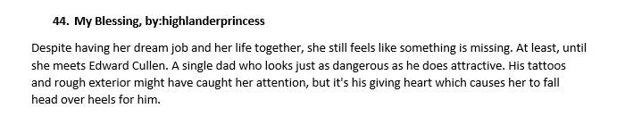 My Blessing, by:highlanderprincess https://www.fanfiction.net/s/12888500/2/My-BlessingCullen's Anatomy, by:LisaDawn75 https://www.fanfiction.net/s/6924081/1/Cullen-s-AnatomyI want a mommy, by:TheStrong1 https://www.fanfiction.net/s/8878807/1/I-Want-A-Mommy