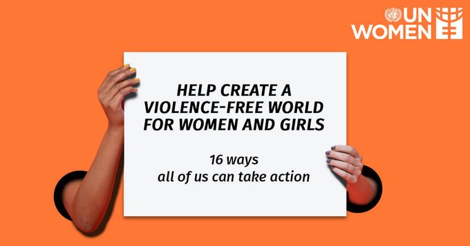 UN_Women's tweet photo. Join us to #orangetheworld and end violence against women! This #16days of Activism, check out 16 ways you can take action at https://t.co/LGmka0v1mP https://t.co/cAYSWB9r3T
