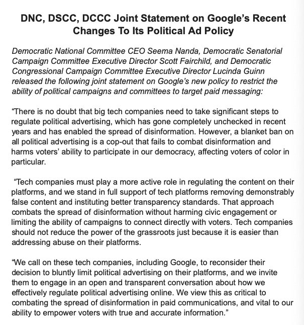 ACBukowski's tweet photo. Proud of @DNC @dscc @dccc for coming together to call out big tech companies and their ad policy PR stunts. Facebook, Twitter, and Google need to address fake content and transparency standards on their platforms NOT limit our ability to reach voters. https://t.co/PvbuwKAg7G