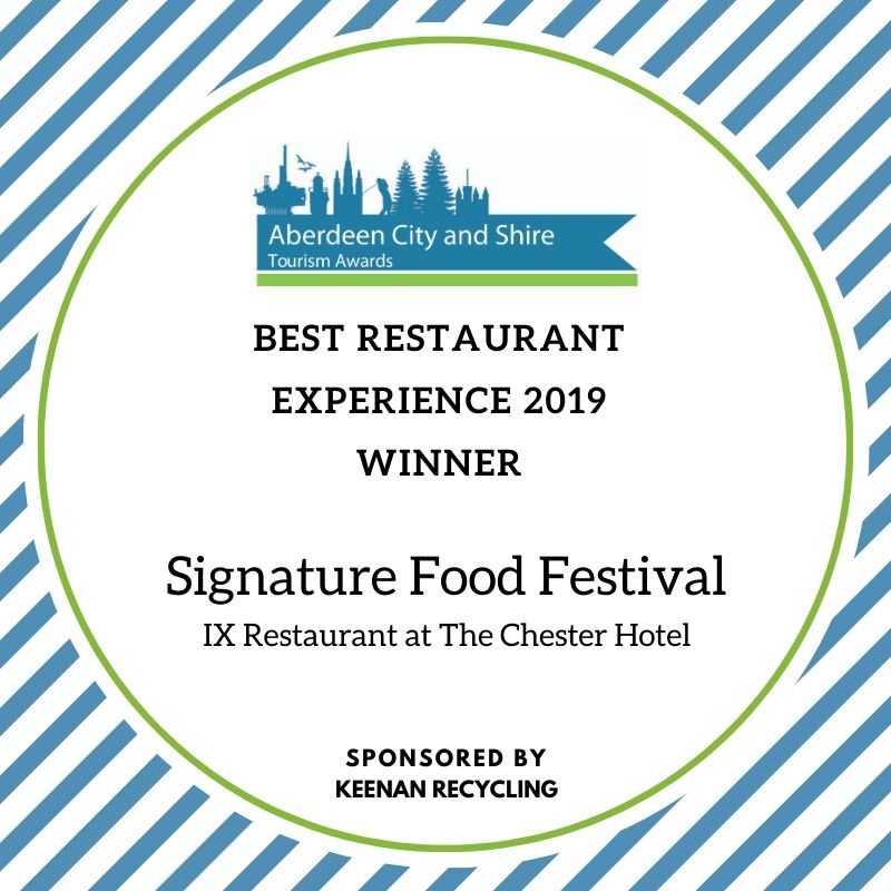 ACSTourismAward's tweet photo. Winner of the Best Restaurant Experience, sponsored by @keenanrecycling, is the Signature Food Festival at @thechesterhotel. Congratulations! #signature2019 #acsta19 #thistleawards https://t.co/crrgT21CvR