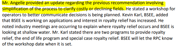 10/ IMPORTANT: On 9/13/18 Director Scott Angelle confirms to the RPC that  @BSEEgov is moving forward with the committee’s offshore royalty breaks recommendation.