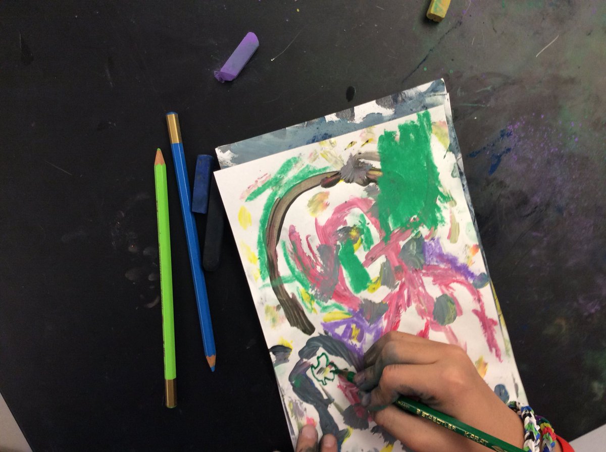 artwithmsem's tweet photo. After watching a video about abstract artist @heatherday, students added different materials, like watercolors, Sharpie, colored pencils and pastels to their work. https://t.co/kczub2xj21