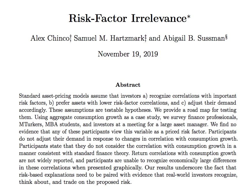 Have been waiting to write about this cool, finally posted, paper by  @AlexChinco,  @SamHartzmark, and  @abbysussman. This is a really neat paper which calls into questions the foundations of Asset Pricing. Read through and take some polls: 1/ https://papers.ssrn.com/sol3/papers.cfm?abstract_id=3487624