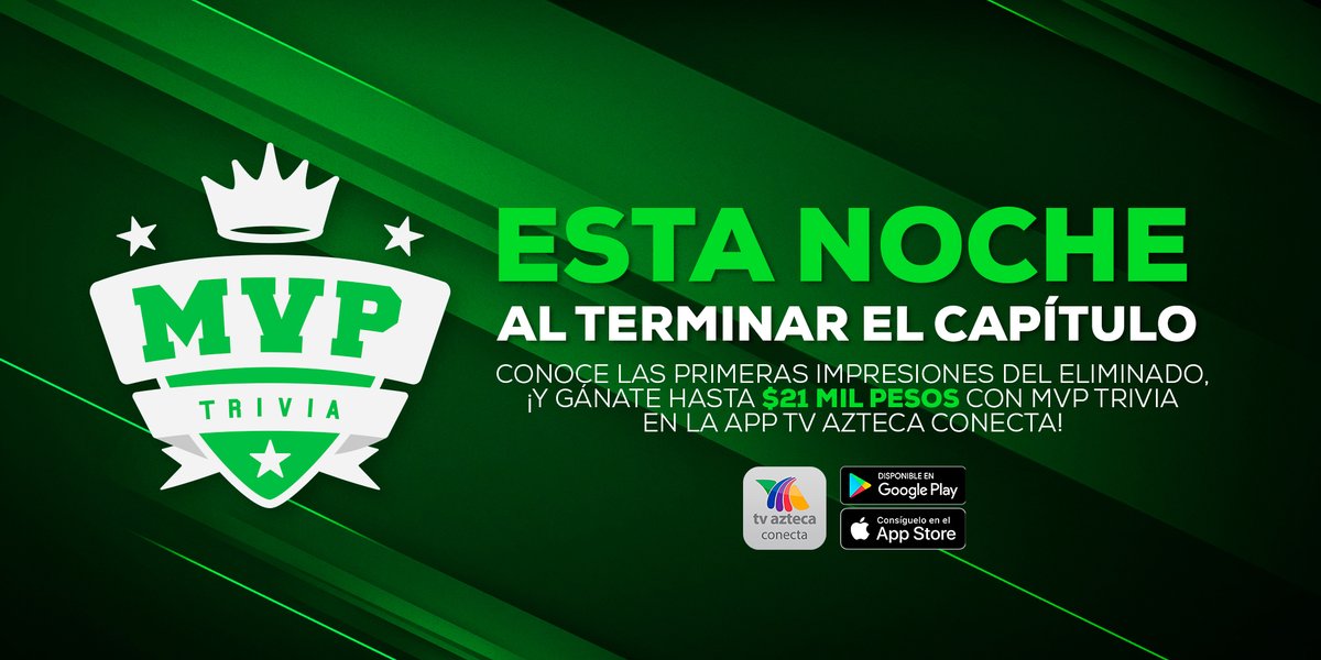 ExatlonMx's tweet photo. ¡Recuerda que al terminar el capítulo de esta noche, tienes una cita con el eliminado de la semana! Interactúa y participa con él en #MVPTrivia desde la app TV Azteca Conecta. 📲 ¡Conéctate y gánate hasta 21 mil pesos! 💵

¡Demuestra que eres fan #1!

#SupervivenciaColosal https://t.co/k8B9l7xdKH