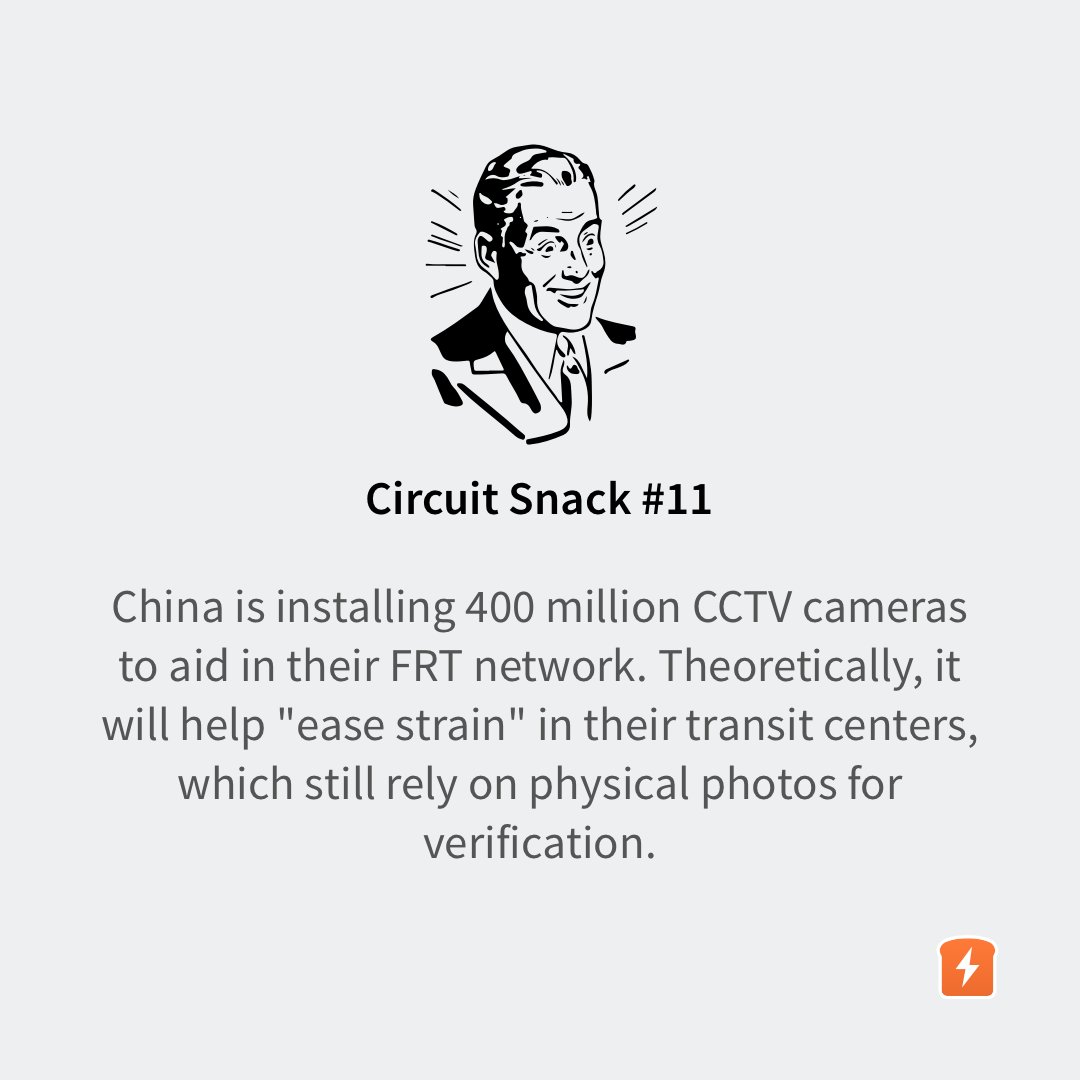 CircuitBread's tweet image. Circuit Snack #11 - China is installing 400 million CCTV cameras to aid in their FRT network. Theoretically, it will help &quot;ease strain&quot; in their transit centers, which still rely on physical photos for verification.⁠

#circuitbread #circuitsnacks #cctvchina #facerecognition