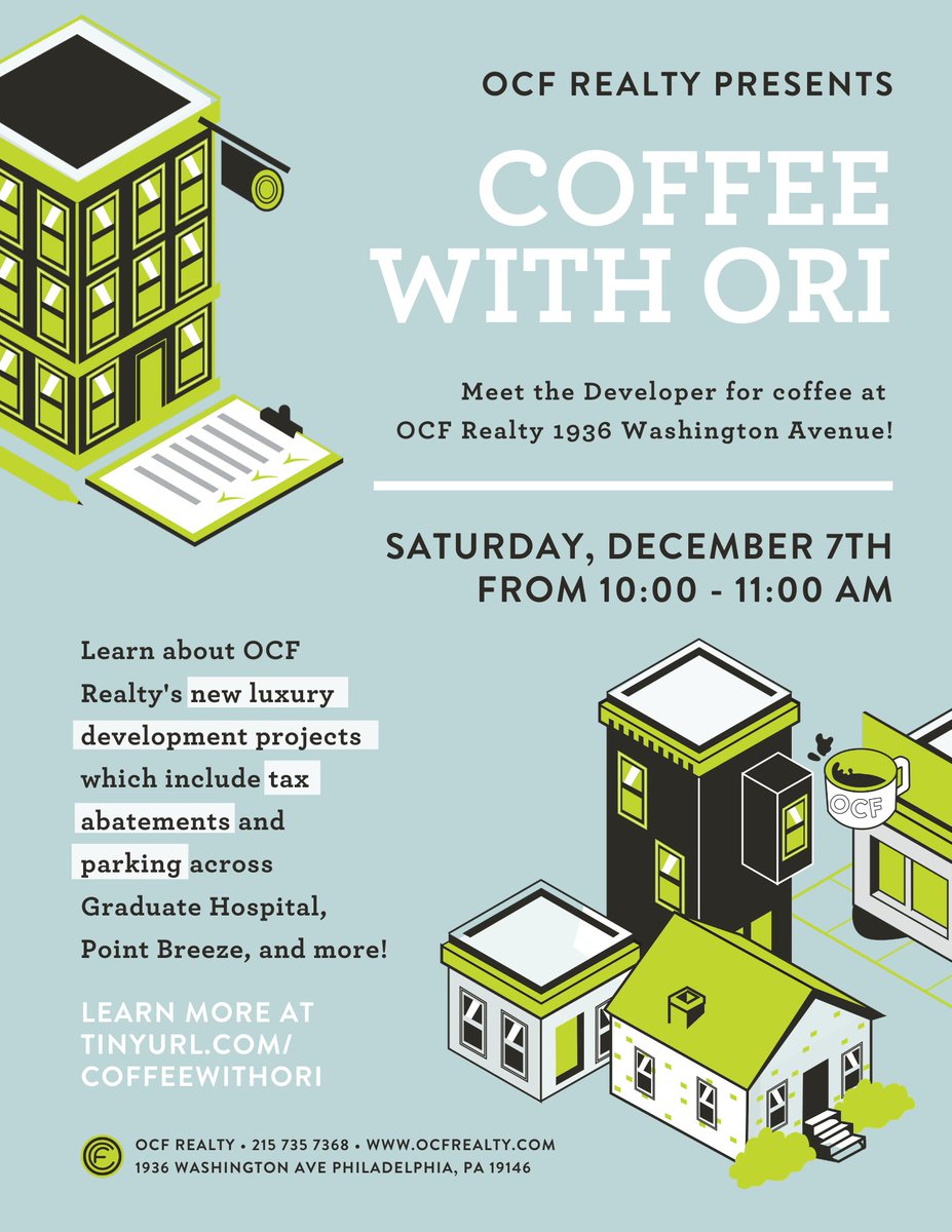 Attention all Realtors, Neighbors, and Friends!! We invite you to join OCF Realty's Ori Feibush for a review of our latest projects across the city of Philadelphia. Come and see what our team has been up to Saturday, December 7th from 10-11AM. Coffee and bagels will be provided!