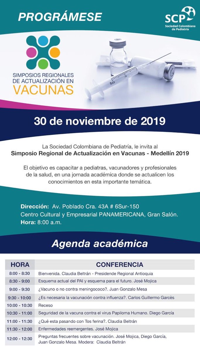 SociedadColomb2's tweet photo. Invitadísimos: simposio regional de vacunas, Medellín Nov 30, entrada gratuita! No requieren inscripción previa! #LasVacunasFuncionan @SocPediatria @corpcarino @AlcaldiadeMed https://t.co/NaQrAZkeSK