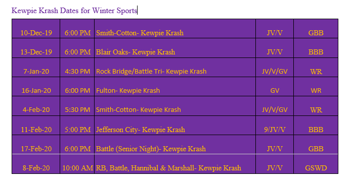 Make sure you get these dates on your calendar.  All Kewpie games will be worth your price of admission but these are our Kewpie Krash Dates. $1 for Hickman Students with an ID and T-shirt Toss.  Make sure you sign in to secure points for your squad.