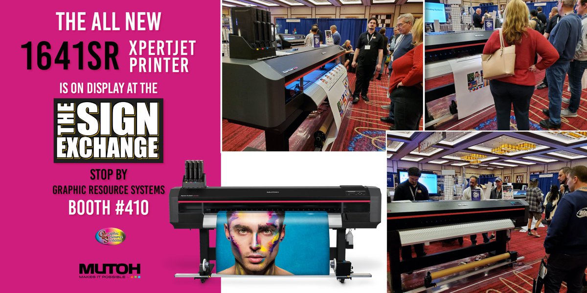 MutohAmerica's tweet photo. Stop by the Graphic Resource Systems Booth #410 at #TheSignExchange to get a closer look at the ALL NEW #XpertJet 1641SR Printer!
#mutoh #wideformat #rolltoroll #printer #printindustry #signage #NewJersey #signindustry #nextgeneration #wrapperschoice https://t.co/fmx6g7ZtCi