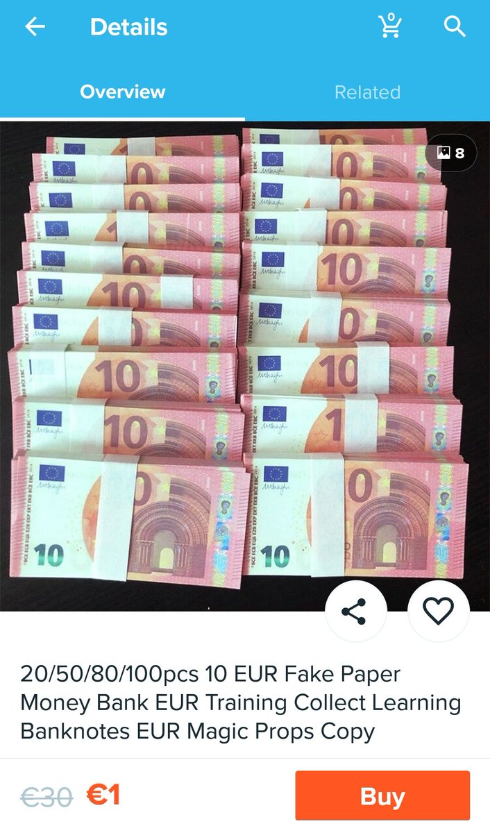 Smallotter2017's tweet photo. Fake euro currency is available at the web "wish". I cannot image how could a shopping web provide fake currency to the society. I wish all the money "wish" received are the fake. https://t.co/otPXp3DuHv