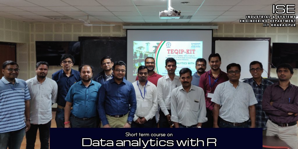 DeptISEIITKGP's tweet photo. A three-day #short_term_course on #DataAnalytics with R has been successfully organized by the @DeptISEIITKGP from 20 – 22 November 2019. Participants from different industries as well as educational institutes have participated in the event.
#TEQIP
#R_Studio
#iitkgp https://t.co/6eO1AJA9xF