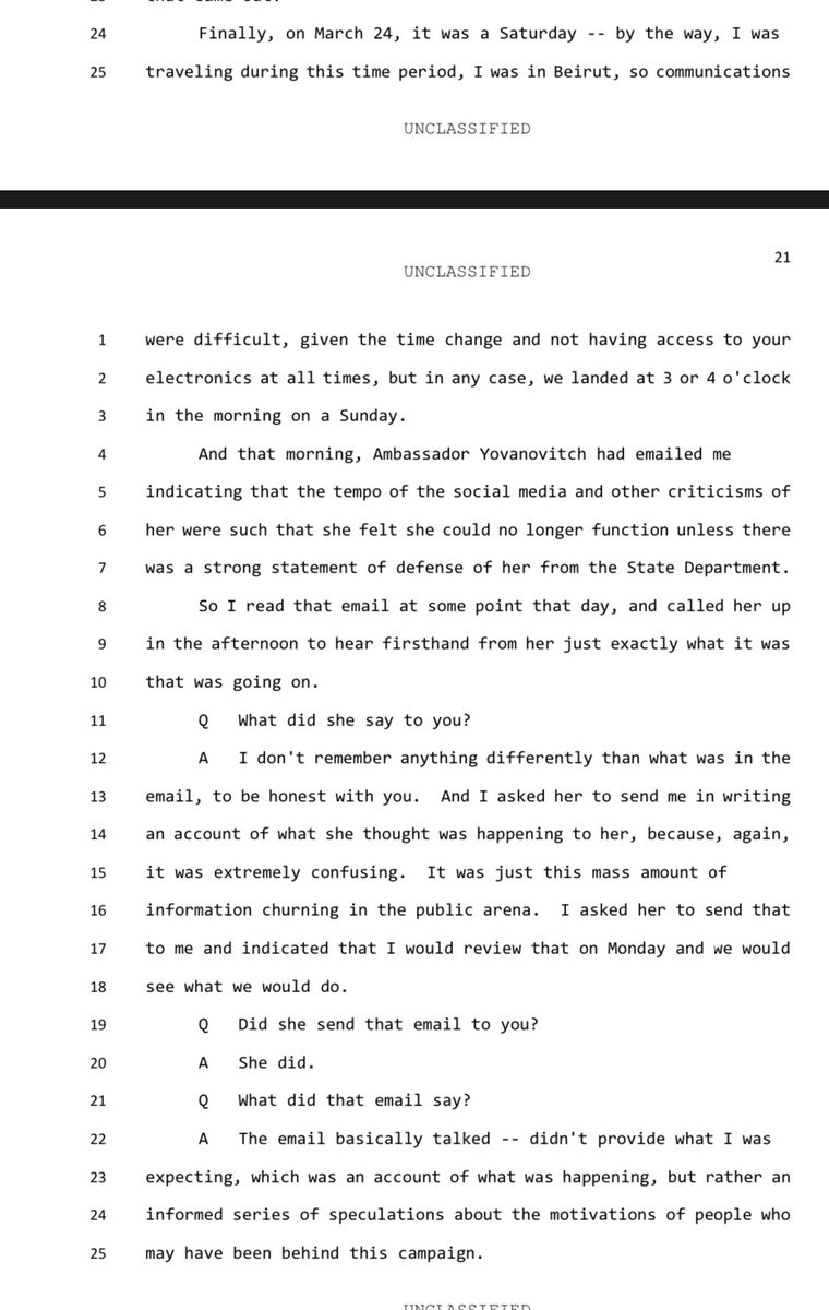 So here’s the timeline:On March 24, Marie Yovanovitch writes to David Hale and lays out the attacks against herHe calls and she explains she believes Rudy is behind itMarch 25, Hale briefs Pompeo, who determines no statement of support will be given yet