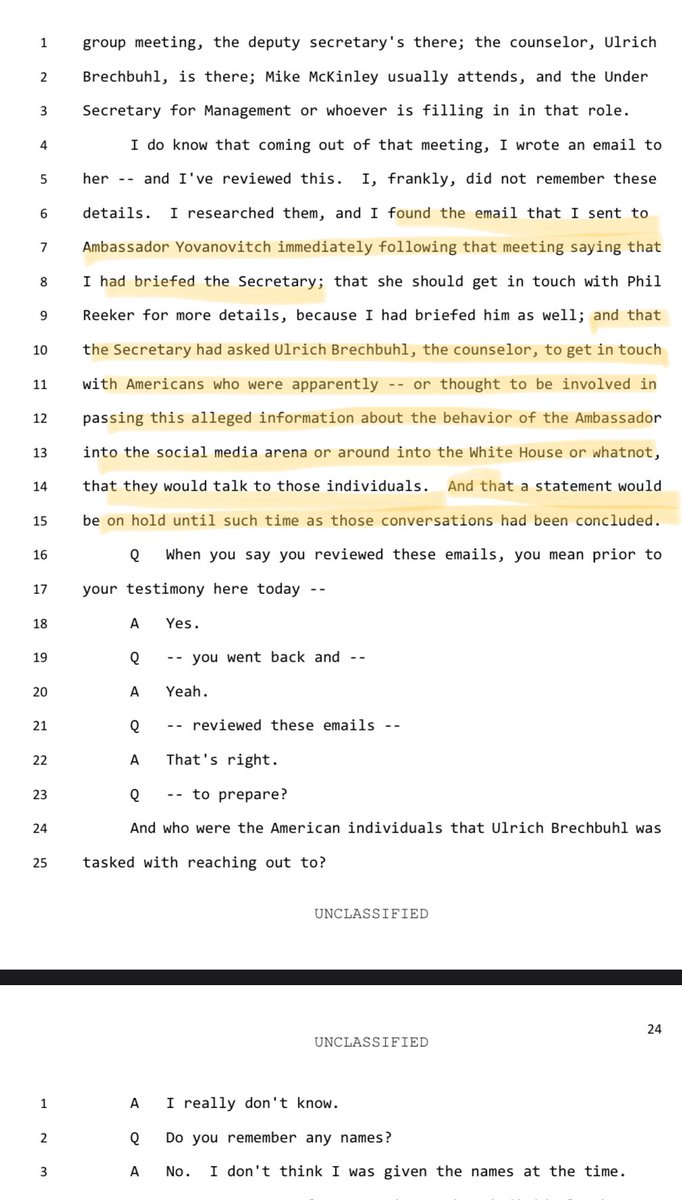 So here’s the timeline:On March 24, Marie Yovanovitch writes to David Hale and lays out the attacks against herHe calls and she explains she believes Rudy is behind itMarch 25, Hale briefs Pompeo, who determines no statement of support will be given yet