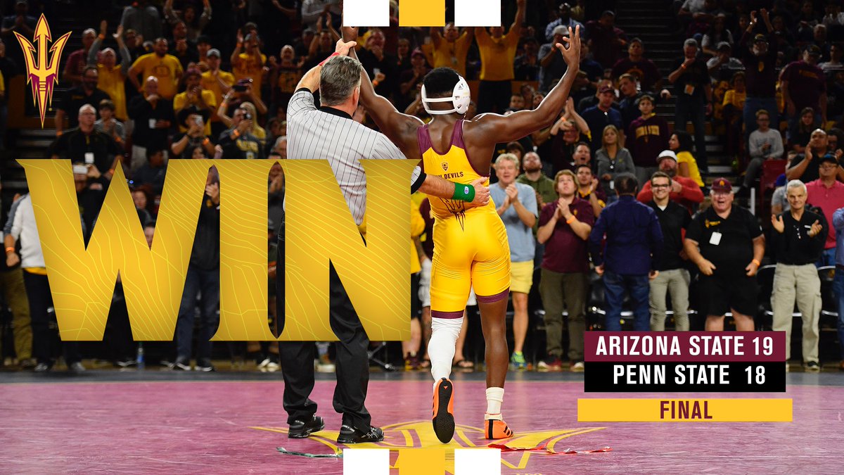 ASUWrestling's tweet photo. A little bit of home cooking 😈

Sun Devils get it done against No. 1 Penn State!! https://t.co/oNM6DRWlY1