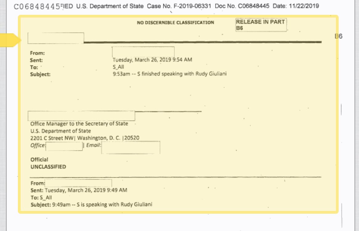 . @weareoversight just published FOIA’d State Department docs related to Giuliani and UkraineAmong them: the full contents of Rudy’s wild dossier of “evidence” State turned over to Congress and confirmation that Pompeo called Rudy twice in late March https://www.americanoversight.org/state-department-releases-ukraine-documents-to-american-oversight