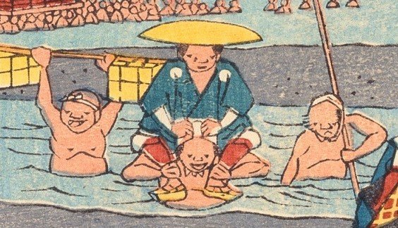 中山道広重美術館 広重おじコレ 本日は 勤労感謝の日 というわけで 広重作品に登場する働く おじさん をご紹介 大井川を渡る人や物を運ぶ川越人足のおじさんたち ワッショイ と掛け声が聞こえてきそうな活気に満ちています ちょっと手持ち