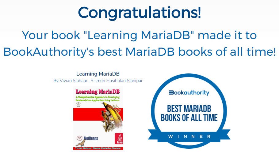 SianiparRismon's tweet image. 20 Best MariaDB Books of All Time
bookauthority.org/books/best-mar…
#mariadb #mariadbbook #viviansiahaan #rismonhasiholansianipar