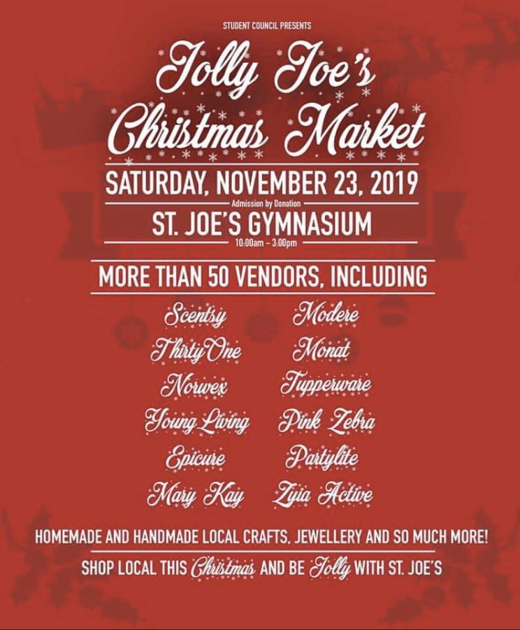 JoesCouncil's tweet photo. Hey friends! Just a reminder that the Jolly Joe’s Christmas Market is tomorrow 10-3pm in the St. Joe’s school gymnasium. Hope to see you there!!!  @StJoesCHS https://t.co/Y85reCQxpp