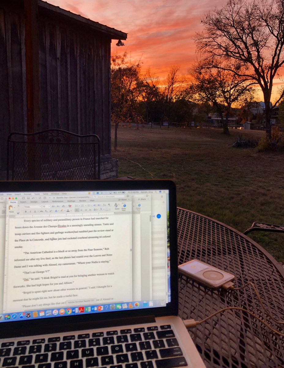Greg1Garrett's tweet photo. #Writing my ass off in the Texas Hill Country. Revising my novel. Proposing a book on #JamesBaldwin. Drinking a Manhattan. And rocking the #Tubes while the sun sinks in the west. #Talktoyoulater #outofthebusiness https://t.co/FWRHYNqfm3